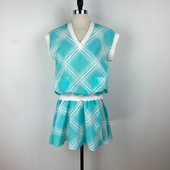 Vintage 80s Drop Waist Dress Seneca New York Size 13 Aqua Blouson Skater Retro - Picture 1 of 10